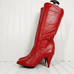 Bandits Soft Red Leather Knee High Slip On Heeled Tall Boots A901